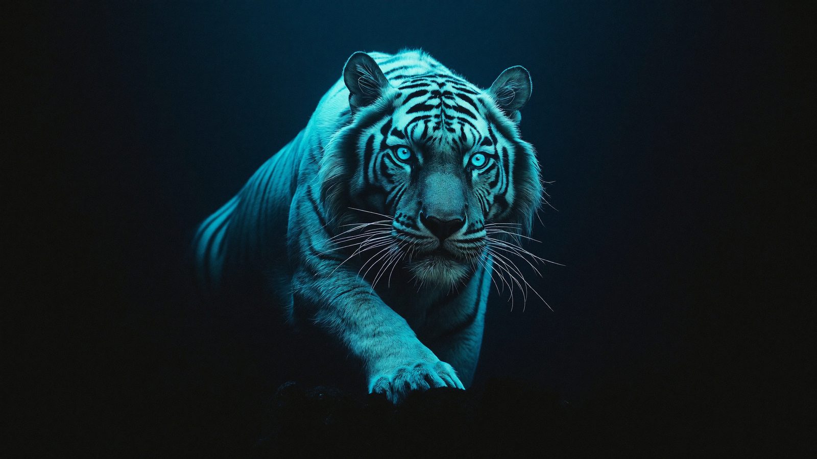 Tigre branco iluminado em azul, arte oficial da mentoria Arcane