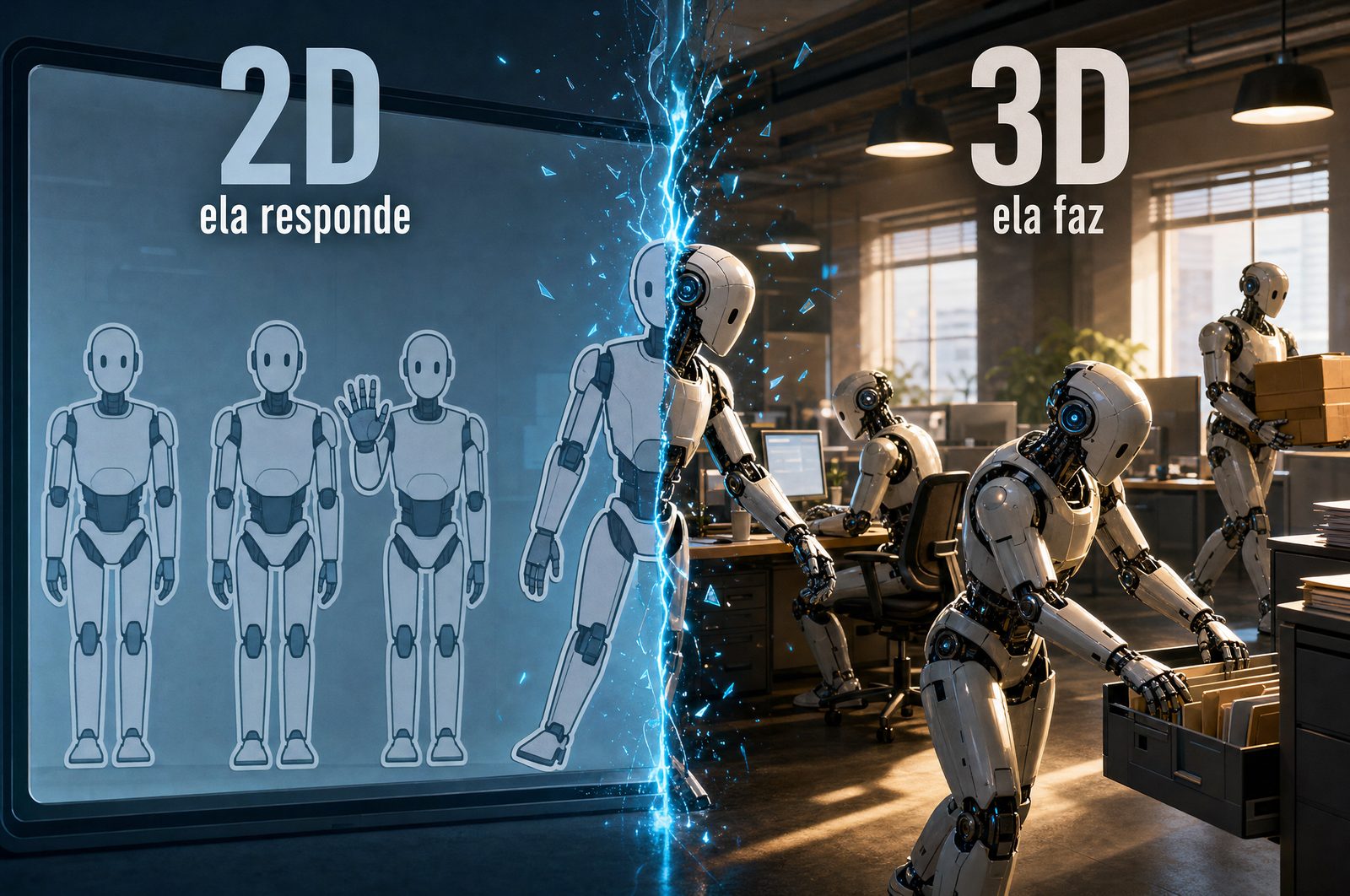 Arte do Curso de IA Autônoma: a IA 2D, que responde, e a IA 3D, que faz